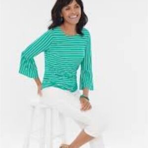 Chicos Striped Bell Sleeve Keyhole‎ Top Green White Size 1
